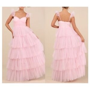 NEW Lulus Fabulous Poise Light‎ Pink Tulle Ruffled Tiered Maxi Dress Medium